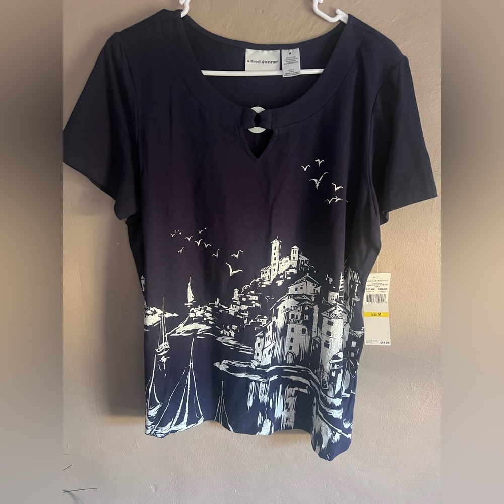 Alfred Dunner Navy and White Scenic Print Top